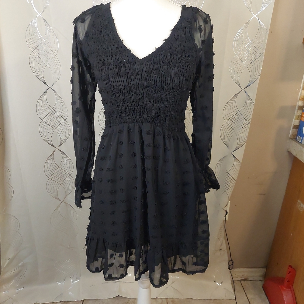 Long Sleeve V Neck Smocked Short Dress Flowy Casual SwissDot Ruffle Mini